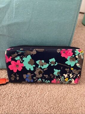 Merona Navy Floral Zip Wallet in Pink, Teal, Brown